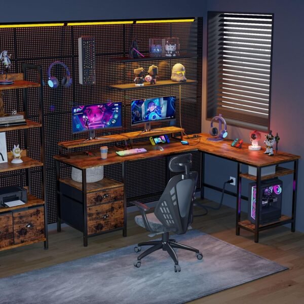 Furologee 66” L Shaped Desk with Power Outlet, Reversible Computer Gaming Desk with File Drawer & 2 Monitor Stands for Home Office with Storage Shelves, Rustic Brown