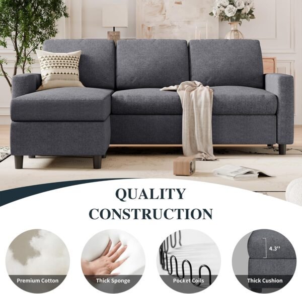 SUNLEI L Shaped Couches for Living Room, Small Sectional Sofa Set with Reversible Chaise, Modern Designed Sleeper Sofas and Modular Couch Function, Suitable for Small Spaces in Apartment, Dark Grey