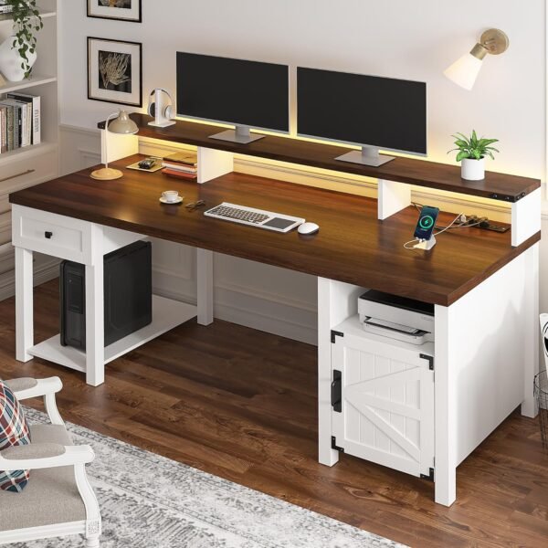 EnHomee 55" Computer Desk with Drawers,Home Office Desks with Power Outlets,Reversible Farmhouse Desk with Long Monitor Stand,Large Wood Desk with Storage Cabinet Desk with Drawers for Bedroom
