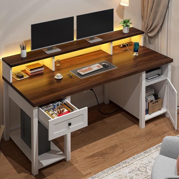 EnHomee 55" Computer Desk with Drawers,Home Office Desks with Power Outlets,Reversible Farmhouse Desk with Long Monitor Stand,Large Wood Desk with Storage Cabinet Desk with Drawers for Bedroom