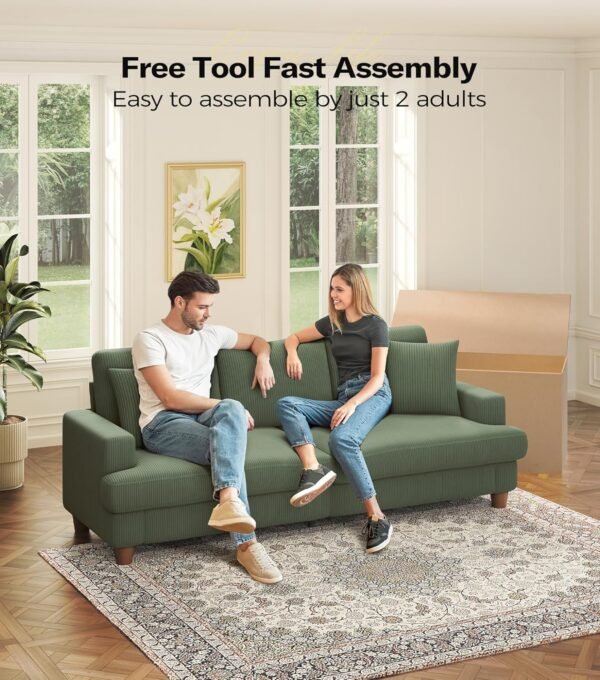Kidirect 87in Green Sofa, Couches for Living Room 21in Extra Deep Seats, Comfy Corduroy Sofas for Living Room No Tool Assembly, Modern Oversized Love Seat with 2 Pillows, Sofa Couch for Bedroom