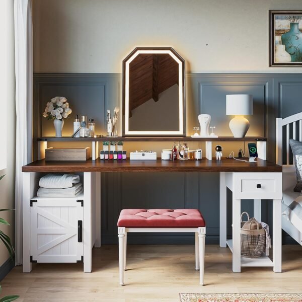 EnHomee 55" Computer Desk with Drawers,Home Office Desks with Power Outlets,Reversible Farmhouse Desk with Long Monitor Stand,Large Wood Desk with Storage Cabinet Desk with Drawers for Bedroom