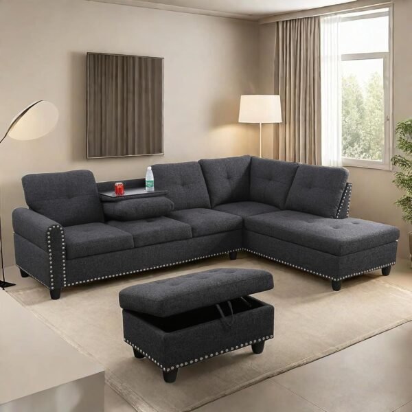 L Shaped Sectional Couches, Modular Sectional Sofa with Ottoman Storage, Nail-Head Design Lounge Sofa with Reversible Cup Holder for Living Room, Bedroom, Gray