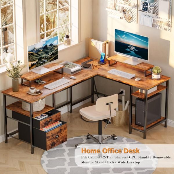 Furologee 66” L Shaped Desk with Power Outlet, Reversible Computer Gaming Desk with File Drawer & 2 Monitor Stands for Home Office with Storage Shelves, Rustic Brown