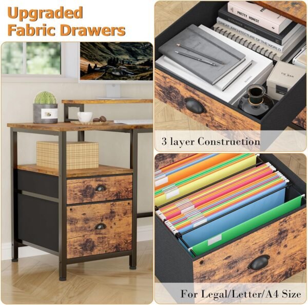 Furologee 66” L Shaped Desk with Power Outlet, Reversible Computer Gaming Desk with File Drawer & 2 Monitor Stands for Home Office with Storage Shelves, Rustic Brown