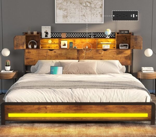 King Size Bed Frame and Storage Headboard, LED Bed Frame with USB Charging Station, Metal Platform Bed Frame King with Hidden Storage Space, No Box Spring Needed, Vintage Brown