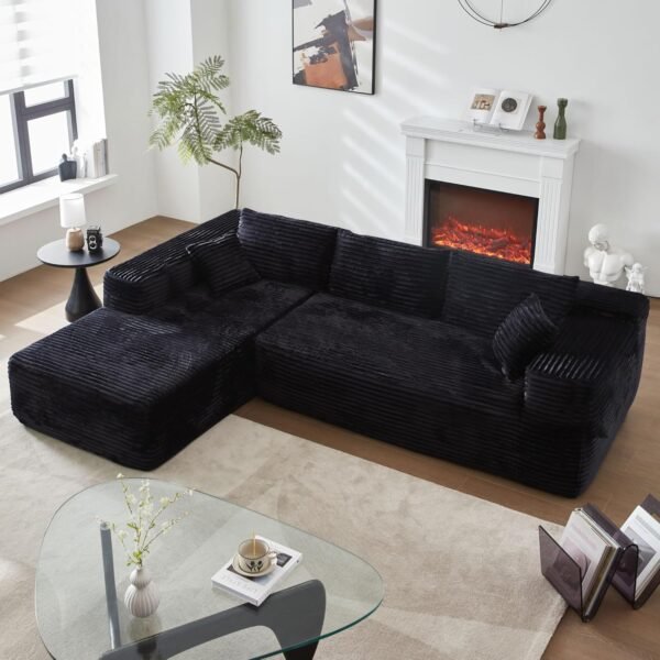 104" L-Shape Modular Sectional Sofa Couch - Comfy Upholstered Cloud Couch for Living Room - Modern Minimalist Couch,Deep Seat,No Assembly Required (Black,Plush Corduroy, Left Facing Chaise)