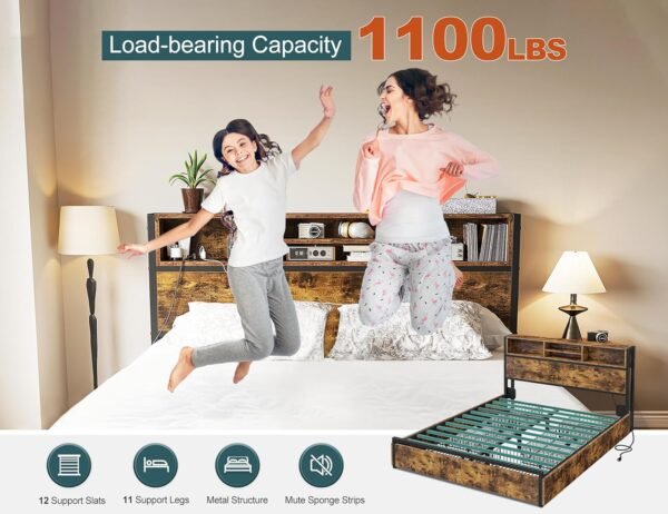 EnHomee Full Size Bed Frame with 6 Storage Drawers Full Bed Frame with Headboard, with Charging Station, No Noise, No Box Springs Needed, Vintage Brown.
