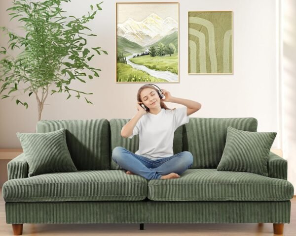 Kidirect 87in Green Sofa, Couches for Living Room 21in Extra Deep Seats, Comfy Corduroy Sofas for Living Room No Tool Assembly, Modern Oversized Love Seat with 2 Pillows, Sofa Couch for Bedroom