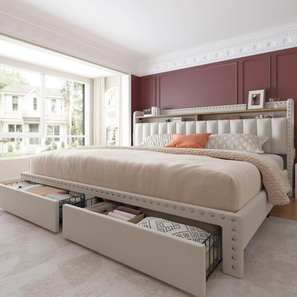 EnHomee King Size Bed Frame with Storage and Headboard, Upholstered King Bed Frame with Storage, King Bed Frame with 2 Drawers, King Size Bed Frame with Storage, NO Noise,No Box Spring Needed