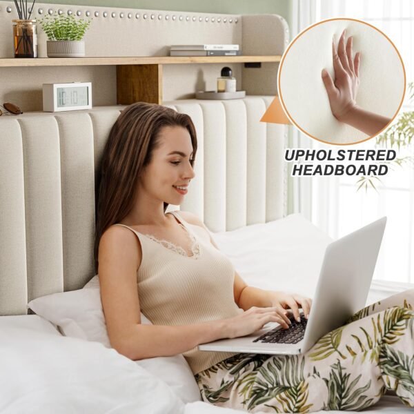EnHomee King Size Bed Frame with Storage and Headboard, Upholstered King Bed Frame with Storage, King Bed Frame with 2 Drawers, King Size Bed Frame with Storage, NO Noise,No Box Spring Needed