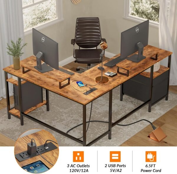 Furologee 66” L Shaped Desk with Power Outlet, Reversible Computer Gaming Desk with File Drawer & 2 Monitor Stands for Home Office with Storage Shelves, Rustic Brown