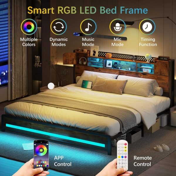 King Size Bed Frame and Storage Headboard, LED Bed Frame with USB Charging Station, Metal Platform Bed Frame King with Hidden Storage Space, No Box Spring Needed, Vintage Brown