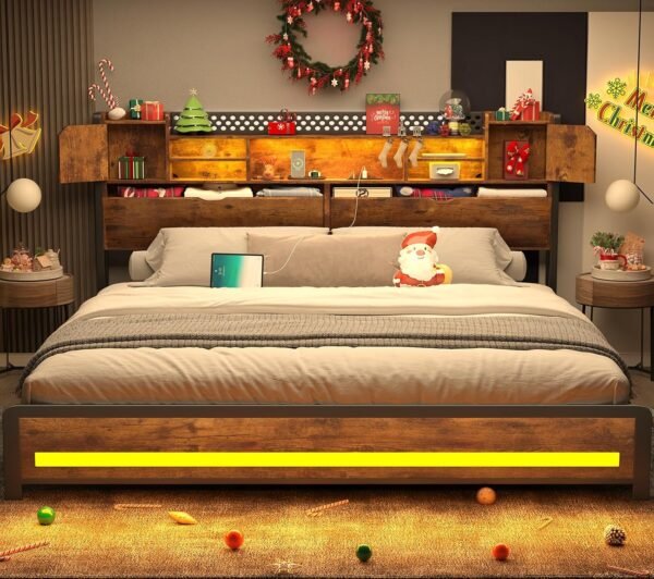 King Size Bed Frame and Storage Headboard, LED Bed Frame with USB Charging Station, Metal Platform Bed Frame King with Hidden Storage Space, No Box Spring Needed, Vintage Brown