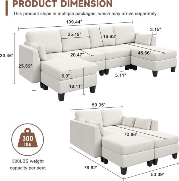 Modular Sectional Sofa, Convertible U Shaped Sofa Couch with High Density Memory Foam, 6 Seat Comfy Modular Sofa Couch for Living Room, Modern U Shaped Sectional Sofa, Light Beige