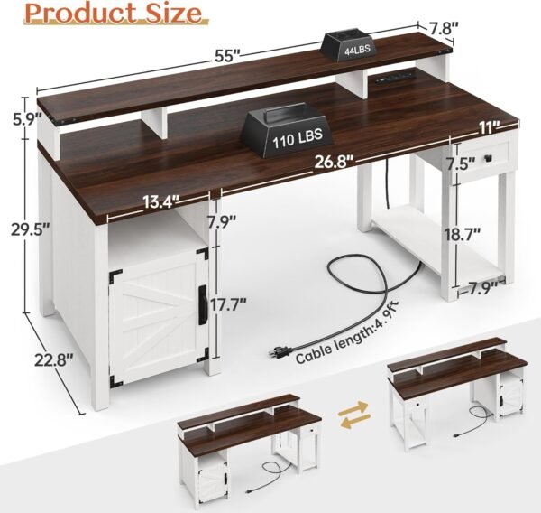 EnHomee 55" Computer Desk with Drawers,Home Office Desks with Power Outlets,Reversible Farmhouse Desk with Long Monitor Stand,Large Wood Desk with Storage Cabinet Desk with Drawers for Bedroom