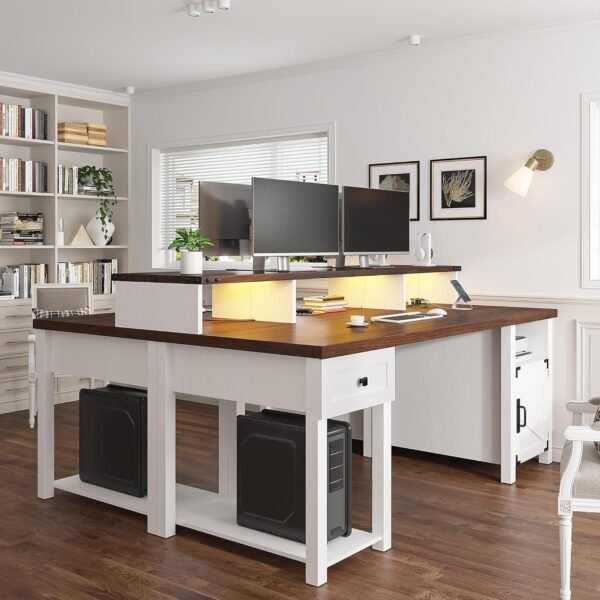EnHomee 55" Computer Desk with Drawers,Home Office Desks with Power Outlets,Reversible Farmhouse Desk with Long Monitor Stand,Large Wood Desk with Storage Cabinet Desk with Drawers for Bedroom
