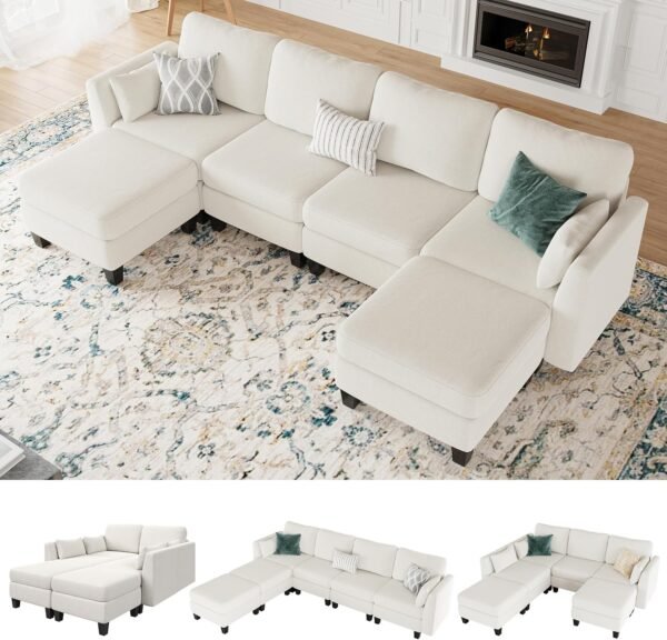 Modular Sectional Sofa, Convertible U Shaped Sofa Couch with High Density Memory Foam, 6 Seat Comfy Modular Sofa Couch for Living Room, Modern U Shaped Sectional Sofa, Light Beige
