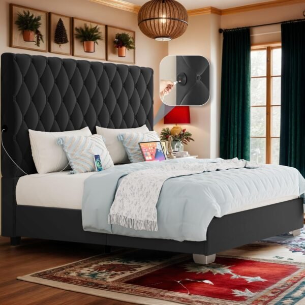 DWVO King Size Bed Frame with 2 Charging Station & 53" Tall, Velvet Upholstered Platform Bed with Button Tufted Headboard,No Box Spring Needed,No Noise (Dark Black, King)