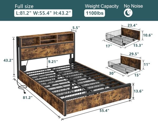 EnHomee Full Size Bed Frame with 6 Storage Drawers Full Bed Frame with Headboard, with Charging Station, No Noise, No Box Springs Needed, Vintage Brown.