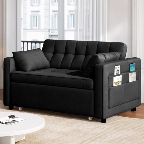 YITAHOME 55" Convertible Sofa Bed, Velvet Sleeper Sofa with Pull-Out Bed, 3-in-1 Futon Couch with Reclining Backrest and Side Pocket, Modern Loveseat for Living Room, Black, Full Size