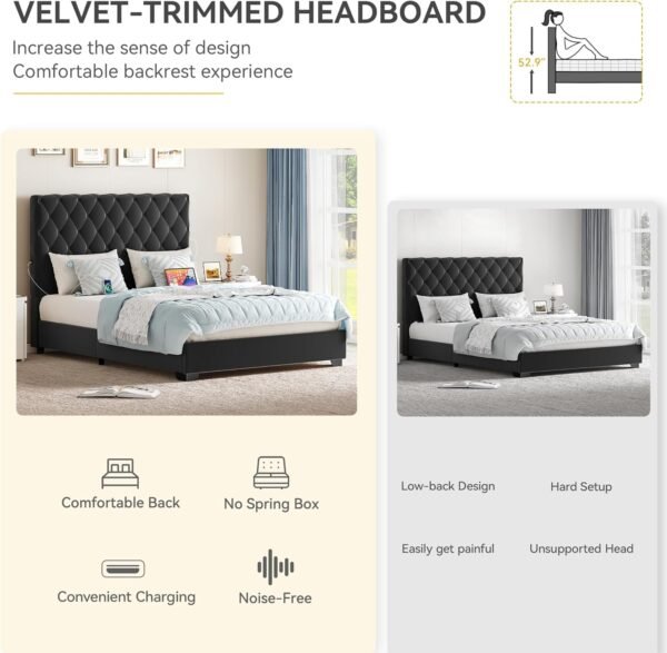 DWVO King Size Bed Frame with 2 Charging Station & 53" Tall, Velvet Upholstered Platform Bed with Button Tufted Headboard,No Box Spring Needed,No Noise (Dark Black, King)