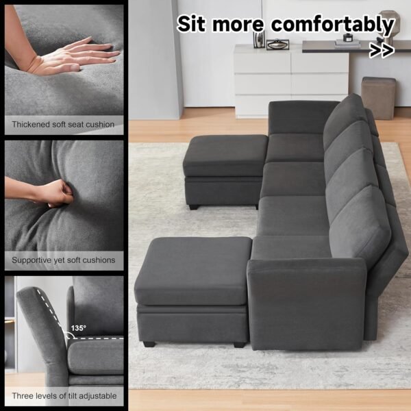 Modular Sectional Sofa with Storage, U Shaped Sectional Couch for Living Room, Convertible Modular Sofa Couch with Ottomans, High Supportive & Soft Sponge, 6 Seat, Darkgrey