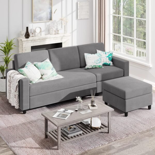 Convertible Sectional Sofa Couch,3 Seat L Shaped Couches with Storage Function Ottoman,Modern Linen Convertible Sectionals Sofas with Armrest Reversible Chaise for Living Room Small Space(Light Gray)