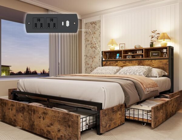 EnHomee Full Size Bed Frame with 6 Storage Drawers Full Bed Frame with Headboard, with Charging Station, No Noise, No Box Springs Needed, Vintage Brown.