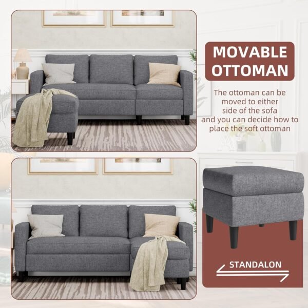 JAMFLY Sectional Sofa Couch Convertible L Shaped Sofas with Ottoman Small Sectional Couches for Living Room, 3 Seater Couch for Small Spaces, Dark Grey