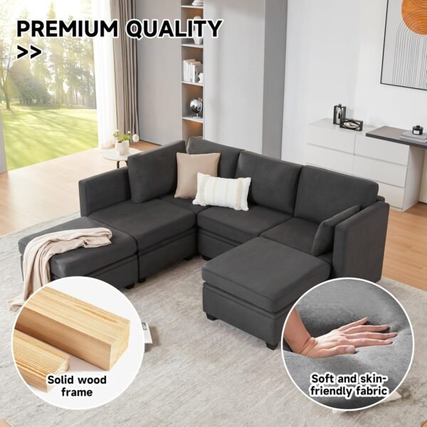 Modular Sectional Sofa with Storage, U Shaped Sectional Couch for Living Room, Convertible Modular Sofa Couch with Ottomans, High Supportive & Soft Sponge, 6 Seat, Darkgrey