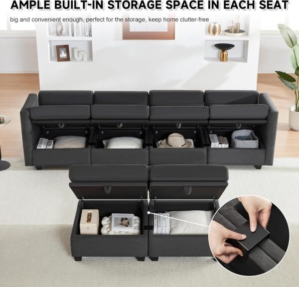 Modular Sectional Sofa with Storage, U Shaped Sectional Couch for Living Room, Convertible Modular Sofa Couch with Ottomans, High Supportive & Soft Sponge, 6 Seat, Darkgrey