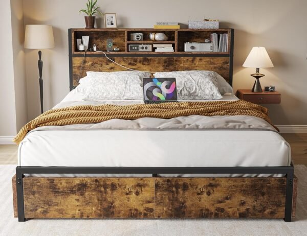 EnHomee Full Size Bed Frame with 6 Storage Drawers Full Bed Frame with Headboard, with Charging Station, No Noise, No Box Springs Needed, Vintage Brown.