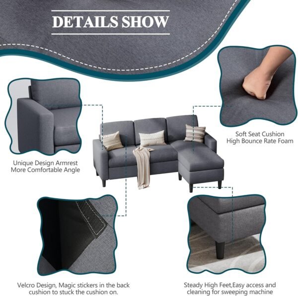 SUNLEI L Shaped Couches for Living Room, Small Sectional Sofa Set with Reversible Chaise, Modern Designed Sleeper Sofas and Modular Couch Function, Suitable for Small Spaces in Apartment, Dark Grey