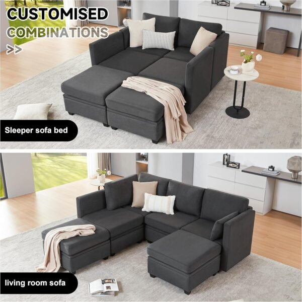 Modular Sectional Sofa with Storage, U Shaped Sectional Couch for Living Room, Convertible Modular Sofa Couch with Ottomans, High Supportive & Soft Sponge, 6 Seat, Darkgrey