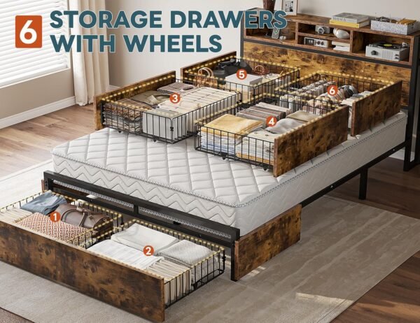 EnHomee Full Size Bed Frame with 6 Storage Drawers Full Bed Frame with Headboard, with Charging Station, No Noise, No Box Springs Needed, Vintage Brown.