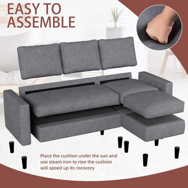 JAMFLY Sectional Sofa Couch Convertible L Shaped Sofas with Ottoman Small Sectional Couches for Living Room, 3 Seater Couch for Small Spaces, Dark Grey