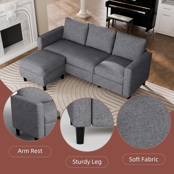 JAMFLY Sectional Sofa Couch Convertible L Shaped Sofas with Ottoman Small Sectional Couches for Living Room, 3 Seater Couch for Small Spaces, Dark Grey